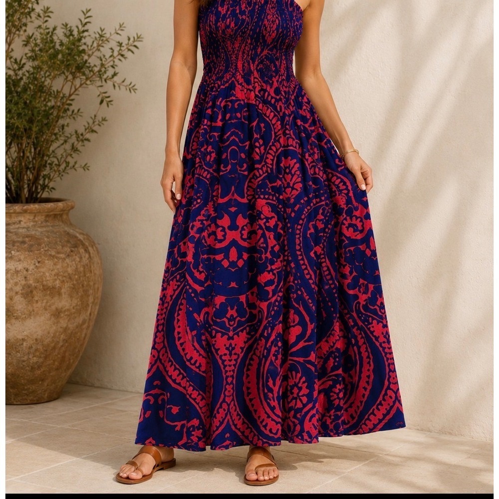 Sauci Navy Pink Paisley Smocked Strapless‎ Maxi Dress Boho Summer Size M p3